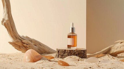 Luxury Skincare/Cosmetics Bottle on Natural Sand and Wood Background


Premium skincare bottle displayed on sand with driftwood and natural elements, an elegant and earthy scene. Commercial