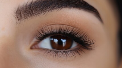 Obraz premium Close-up view of a person's eye highlighting beautifully long eyelashes and warm brown iris during bright daylight