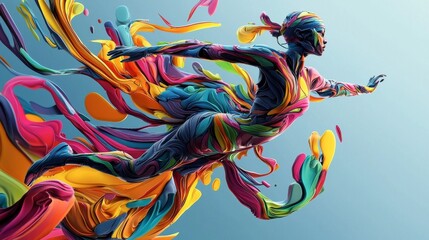 A woman is running through a colorful, abstract painting
