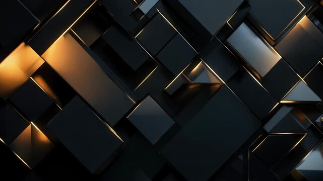 A black and gold abstract design with squares and triangles. The design is made up of many different shapes and sizes, creating a sense of depth and complexity. The use of black