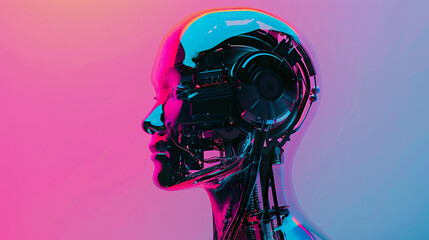 Futuristic robot head profile against colorful gradient background