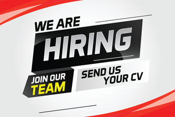 Fototapeta premium Hiring recruitment design for banner poster. We are hiring lettering with geometric shapes lines. Vector illustration typographic. Open vacancy design template