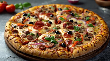 A freshly baked large pizza topped with a variety of ingredients served on a wooden table