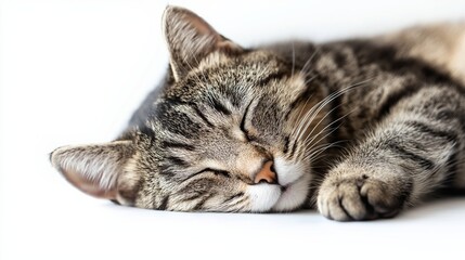 Obraz premium A cat is sleeping on a white surface. The cat is curled up and has its eyes closed