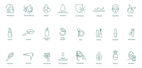 Vector Icons for Beauty and Personal Care: Moisturizing, Makeup, Hair, and Skin Treatments
