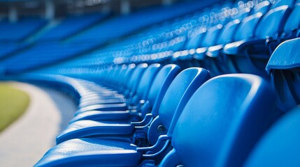 Fototapeta premium Blue seats on the grandstand of the football stadium.
