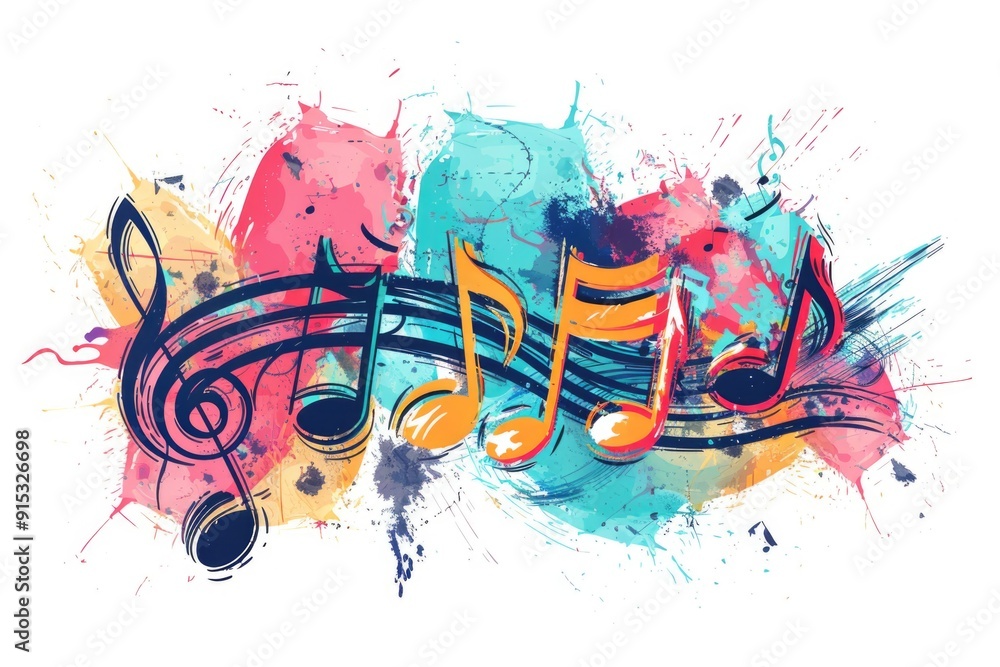 Poster a composition of music notes on a clean white background, ideal for use in educational or artistic c