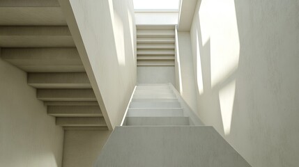 Fototapeta premium Bottom view of white concrete stairs with natural light coming from a skylight.
