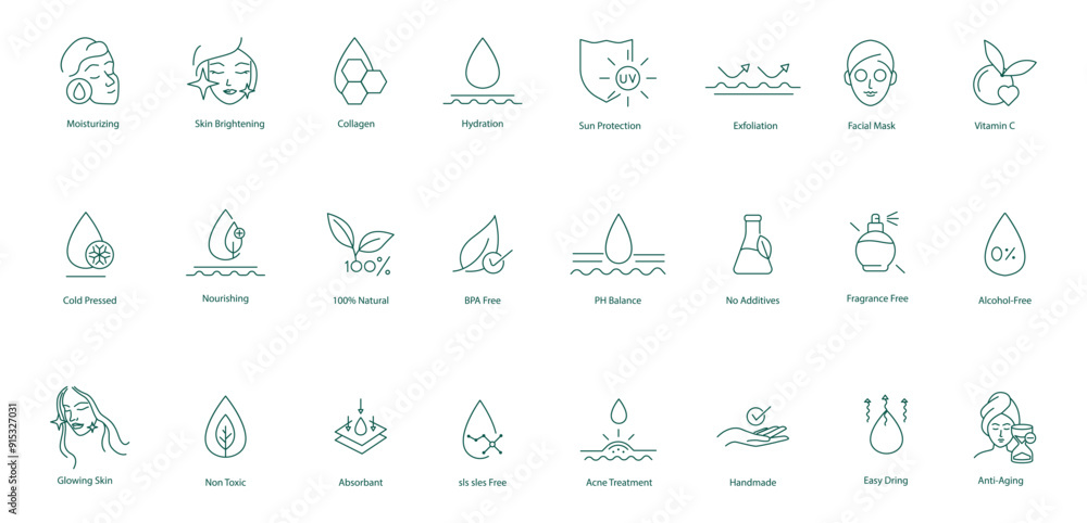 Sticker Vector Icons for Anti-Aging and Skin Care: Moisturizing, Brightening, and Treatment Solutions