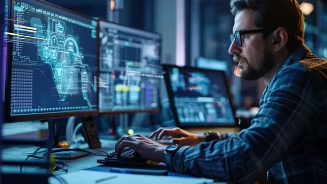 A man is sitting in front of a computer with two monitors and a keyboard. He is wearing glasses and he is focused on his work. Concept of productivity and concentration