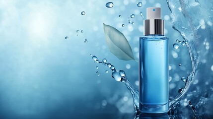 A clear blue spray bottle surrounded by water droplets and leaves on a blue background