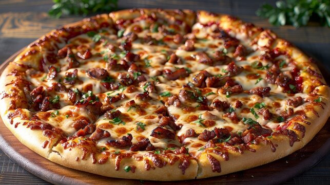 A freshly baked pizza topped with cheese, meat, and herbs on a wooden table