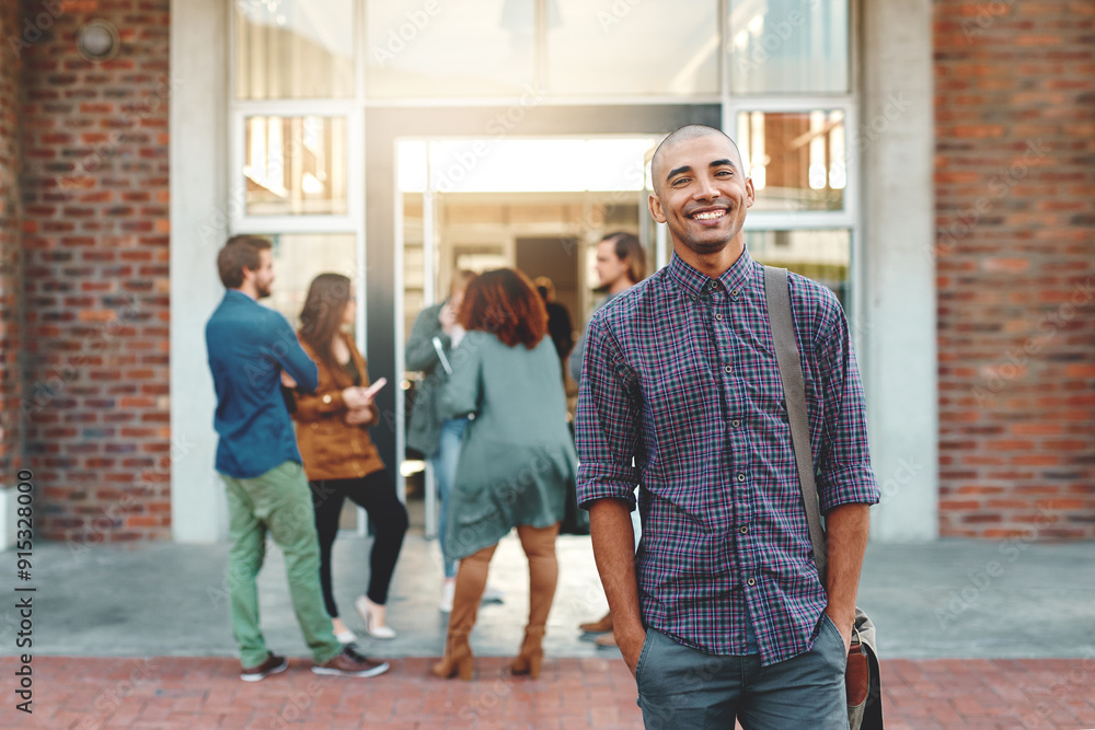 Poster happy, university and portrait of man on campus with bag for learning, knowledge and studying. educa