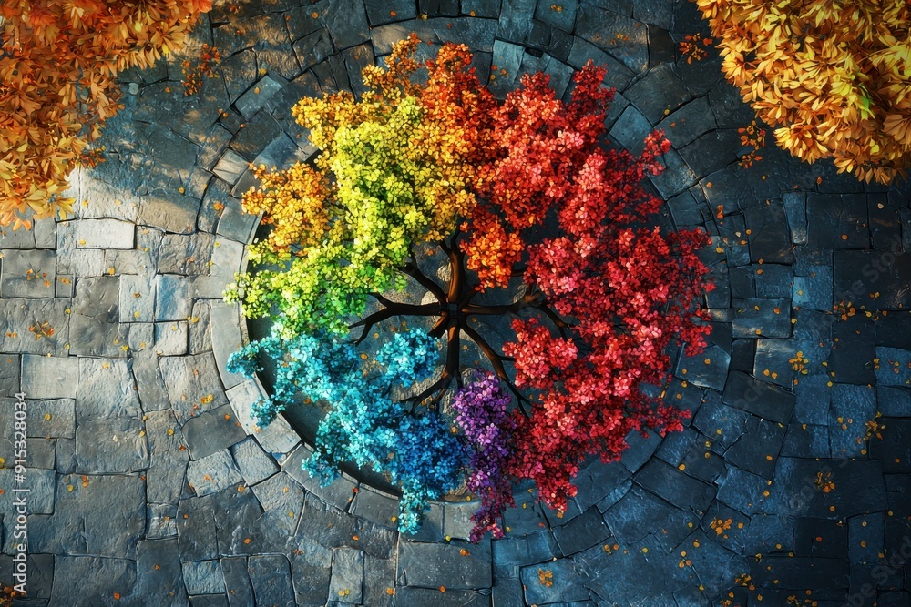 Poster a colorful tree with leaves of different colors is displayed on a stone surface