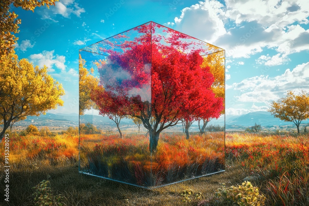 Poster a tree is reflected in a cube, surrounded by a field of grass