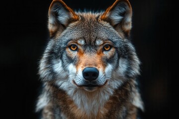 Fototapeta premium majestic adult wolf portrait on deep black background piercing eyes detailed fur texture and noble expression capture the wild beauty and strength of this iconic predator