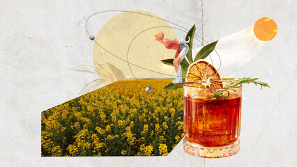 Poster. Contemporary art collage. Vibrant cocktail with dried citrus and rosemary sits beside...