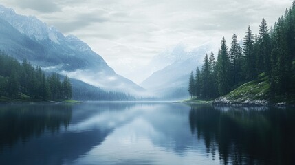 Fototapeta premium A serene lake surrounded by mountains, capturing the tranquility of natural settings.