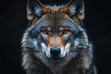 majestic adult wolf portrait on deep black background piercing eyes detailed fur texture and noble expression capture the wild beauty and strength of this iconic predator