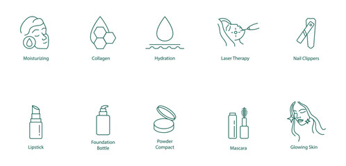 Moisturizing, Collagen, Hydration, Laser Treatment, Nail Clippers, Lipstick, Foundation Bottle, Powder Compact, Mascara, Glowing Skin Vector Icon Set