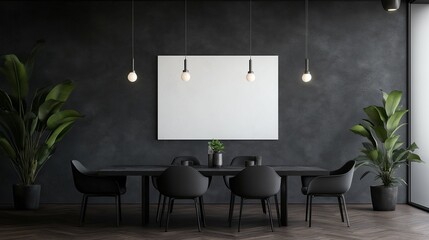 A dining table with a blank banner on the wall.