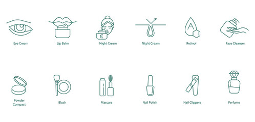 Eye Cream, Lip Balm, Night Cream, Retinol, Face Cleanser, Powder Compact, Blush, Mascara, Nail Polish, Nail Clippers, Perfume Vector Icon Set
