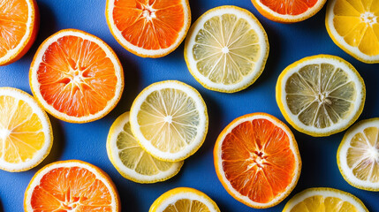 Obraz premium Colorful background of sliced oranges and lemons on a blue table, in a top view