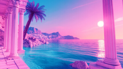 pastel vaporwave digital art background features two Greek columns on the left side, overlooking an exotic beach with crystal clear waters and palm trees, with the sun setting in pink hues