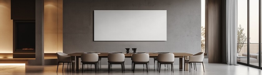 Fototapeta premium A dining table with a blank banner on the wall.