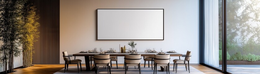 A dining table with a blank banner on the wall.