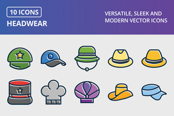 Headwear Thick Line Filled Dark Colors Icon Set