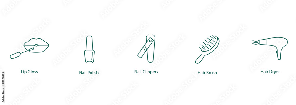 Poster Lip Gloss, Nail Polish, Nail Clippers, Hair Brush, Hair Dryer Vector Icon Set