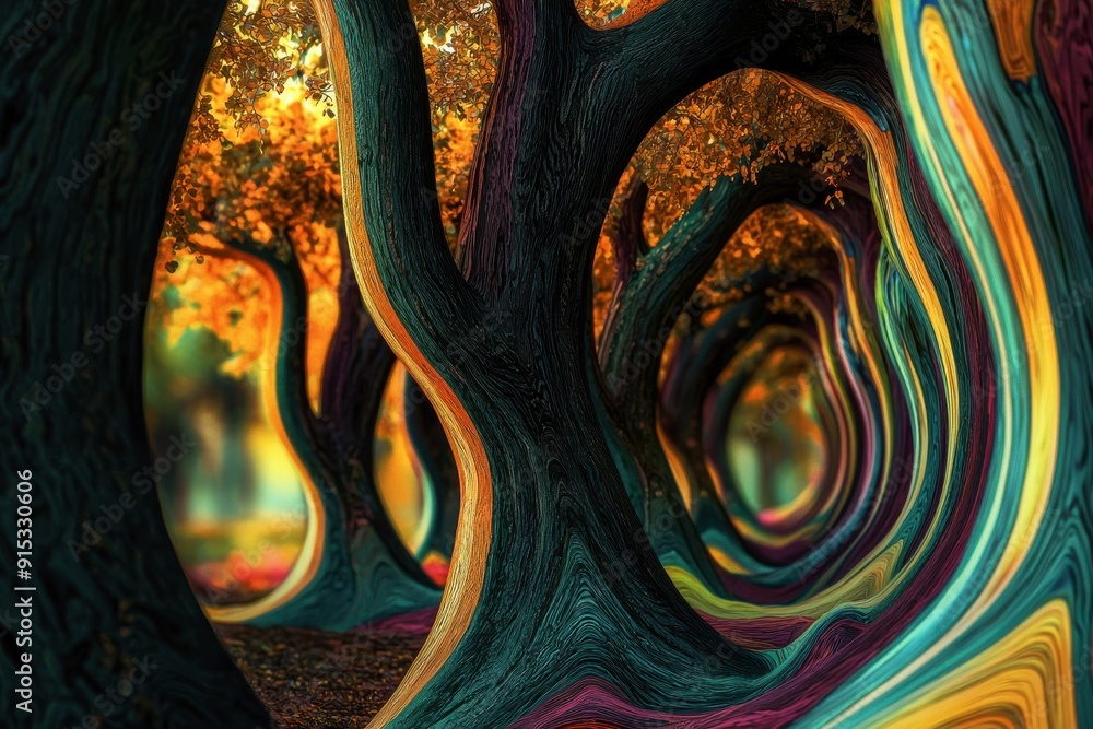 Poster a colorful forest with trees that are painted in different colors
