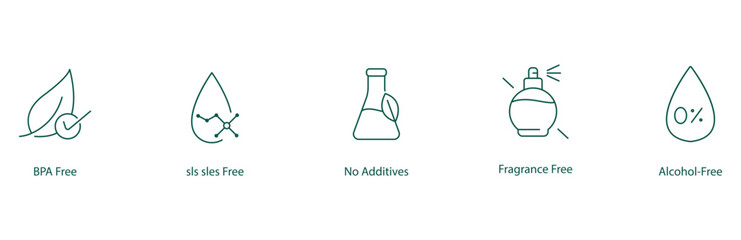 BPA Free, SLS, SLES Free, No Additives, Fragrance-Free, Alcohol-Free Icon Set