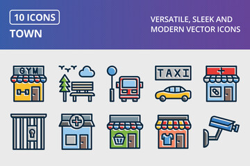 Town Thick Line Filled Dark Colors Icons Set