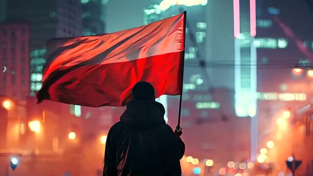 The Polish flag unfurling against a backdrop of modern city lights