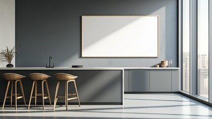 A dining table with a blank banner on the wall.