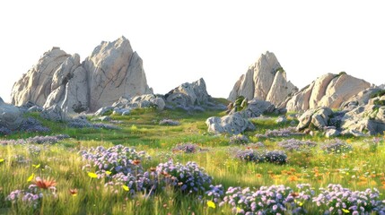 Serene rocky meadow landscape wallpaper