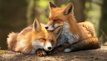 Fototapeta premium A pair of red foxes cuddling in a forest clearing.