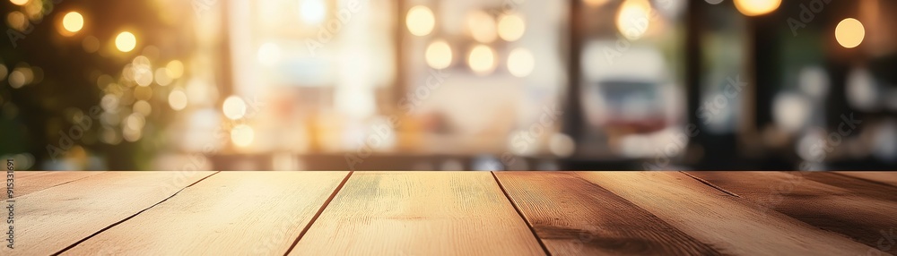 Poster a wooden table with a soft bokeh-blurred background.