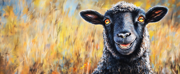 detailed pastel drawing of an adorable black sheep with golden eyes, set against the backdrop of vibrant autumn fields