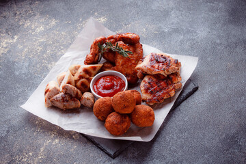 Original serving of meat dishes. Crispy fried chicken wings and thighs. Breaded cheese balls and grilled sausages with rosemary and ketchup. Food for outdoor catering.