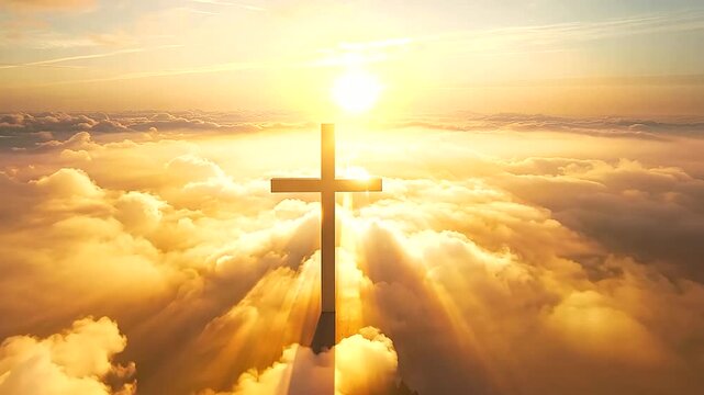 The Catholic cross stands tall amidst a sea of clouds, its outline etched against the sky as sunlight filters through
