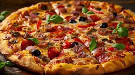 A freshly baked pepperoni pizza topped with olives and red peppers served on a rustic wooden table