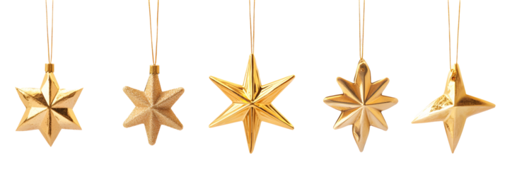 A set of hanging golden star ornaments, on white background
