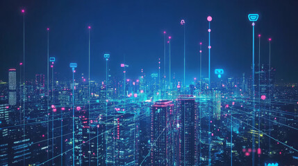 The buildings are adorned with antennas, satellite dishes, and other telecommunication devices, symbolizing connectivity.
