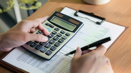Accountant working on financial report using calculator