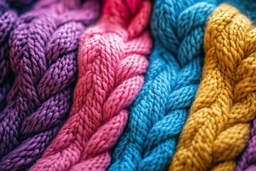 Colorful knitted yarn texture with braided patterns in warm hues