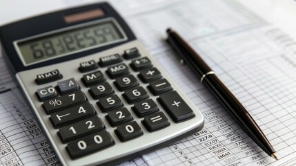 Black calculator and pen on financial report.