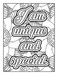 Positive affirmations for kids & students. Affirmation Quotes with flowers pattern. Hand drawn with black and white lines. Motivational quotes coloring page. Floral background coloring page 